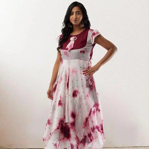 Elegant White Maroon Shibori Layered Dress | Muvvas Boutique - Picture 2 of 3
